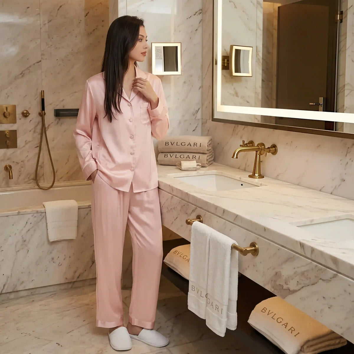 100% Mulberry Silk 16Momme Long Sleeve Button-Up Pajamas Set for Women