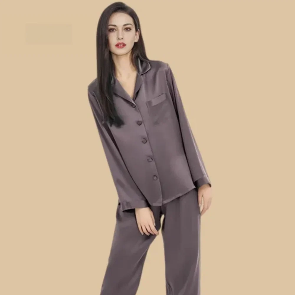 100% Mulberry Silk 16Momme Long Sleeve Button-Up Pajamas Set for Women