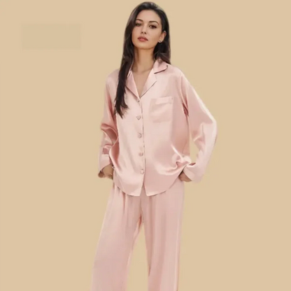 100% Mulberry Silk 16Momme Long Sleeve Button-Up Pajamas Set for Women