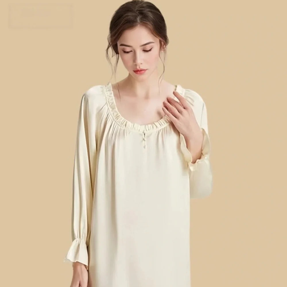 100% Mulberry Silk 16Momme Long Sleeve Short Nightgown with Flare Cuffs and Hem