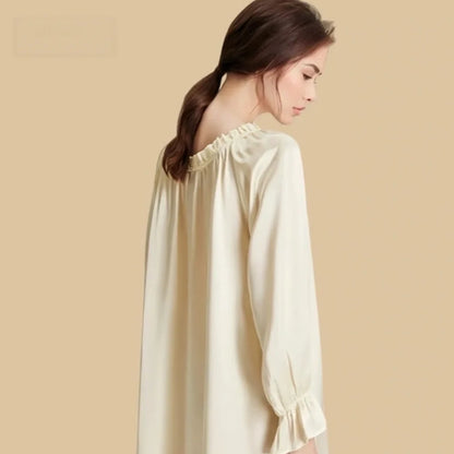 100% Mulberry Silk 16Momme Long Sleeve Short Nightgown with Flare Cuffs and Hem