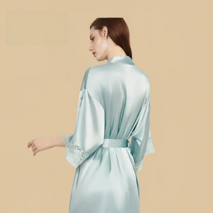 100% Mulberry Silk 16Momme Nightgown &amp; Kimono Robe Set with Lace-Trim Cuffs
