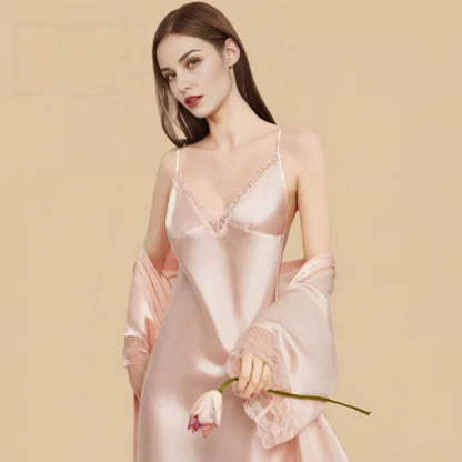 100% Mulberry Silk 16Momme Nightgown &amp; Kimono Robe Set with Lace-Trim Cuffs