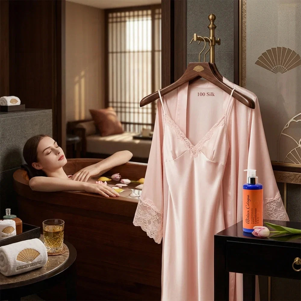 100% Mulberry Silk 16Momme Nightgown &amp; Kimono Robe Set with Lace-Trim Cuffs