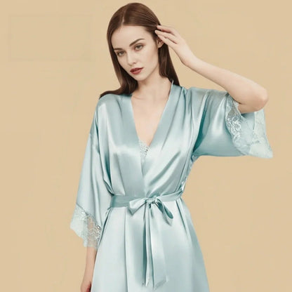 100% Mulberry Silk 16Momme Nightgown &amp; Kimono Robe Set with Lace-Trim Cuffs