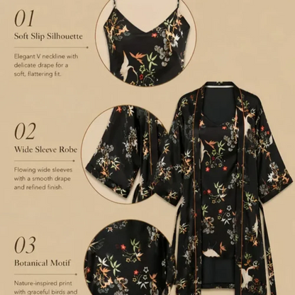 100% Mulberry Silk 16Momme Printed V-neck Nightgown &amp; Kimono Robe Set