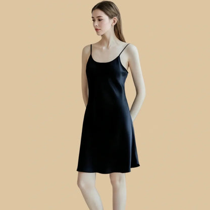 100% Mulberry Silk 16Momme Scoop Neck Spaghetti Strap Nightgown with Swing Hem