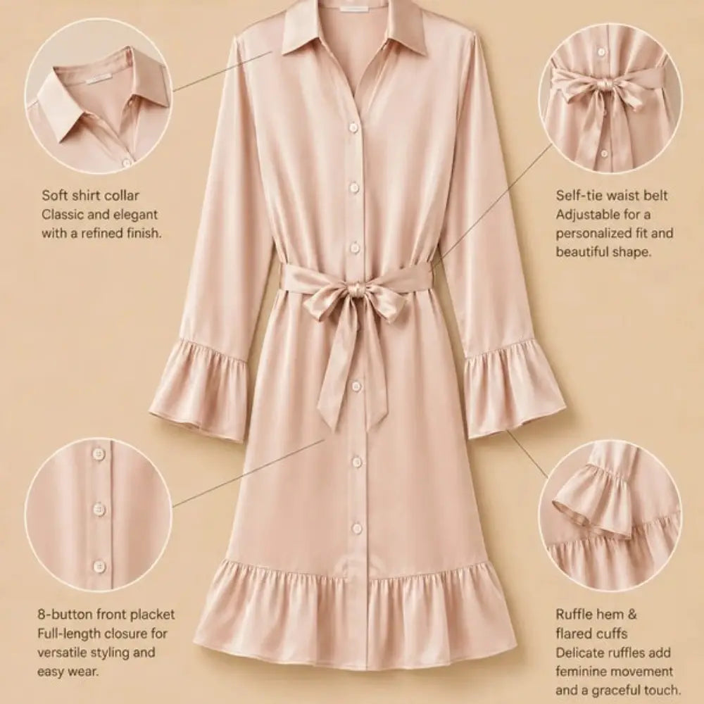 100% Mulberry Silk 16Momme Shirt Neck Nightgown with Tie Waist and Ruffle Hem