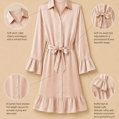 100% Mulberry Silk 16Momme Shirt Neck Nightgown with Tie Waist and Ruffle Hem