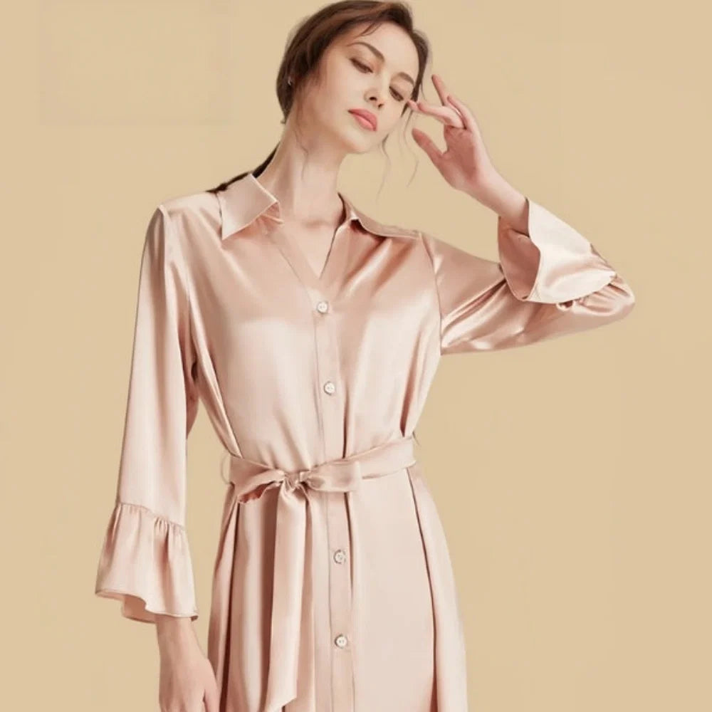 100% Mulberry Silk 16Momme Shirt Neck Nightgown with Tie Waist and Ruffle Hem