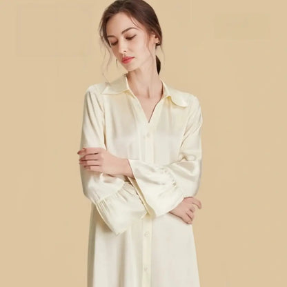 100% Mulberry Silk 16Momme Shirt Neck Nightgown with Tie Waist and Ruffle Hem