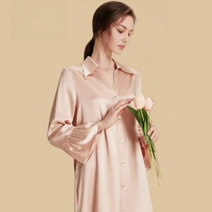 100% Mulberry Silk 16Momme Shirt Neck Nightgown with Tie Waist and Ruffle Hem