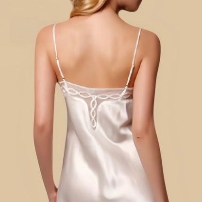 100% Mulberry Silk 16Momme Spaghetti Strap Nightgown with Lace Mesh V-neck