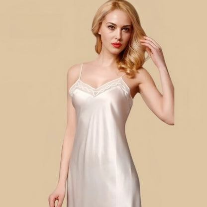 100% Mulberry Silk 16Momme Spaghetti Strap Nightgown with Lace Mesh V-neck