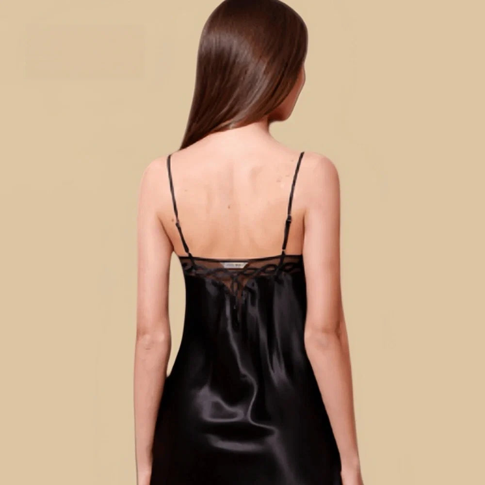 100% Mulberry Silk 16Momme Spaghetti Strap Nightgown with Lace Mesh V-neck