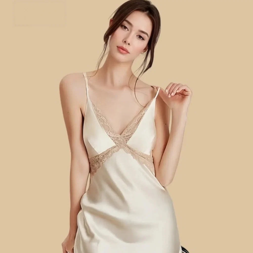 100% Mulberry Silk 16Momme Spaghetti Strap Nightgown with Lace V-Neck and Back Design