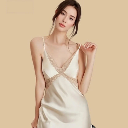 100% Mulberry Silk 16Momme Spaghetti Strap Nightgown with Lace V-Neck and Back Design