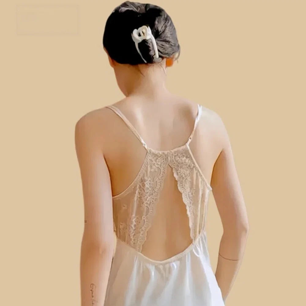 100% Mulberry Silk 16Momme Spaghetti Strap Nightgown with Lace V-Neck and Back Design