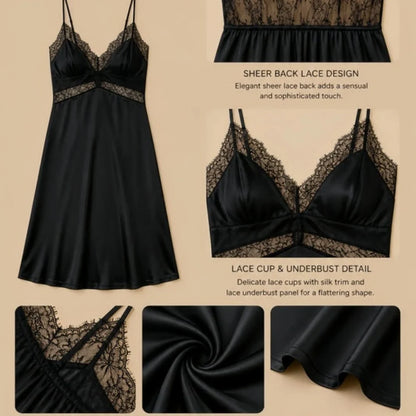 100% Mulberry Silk 16Momme Spaghetti Strap Nightgown with Lace V-Neck and Waist Design