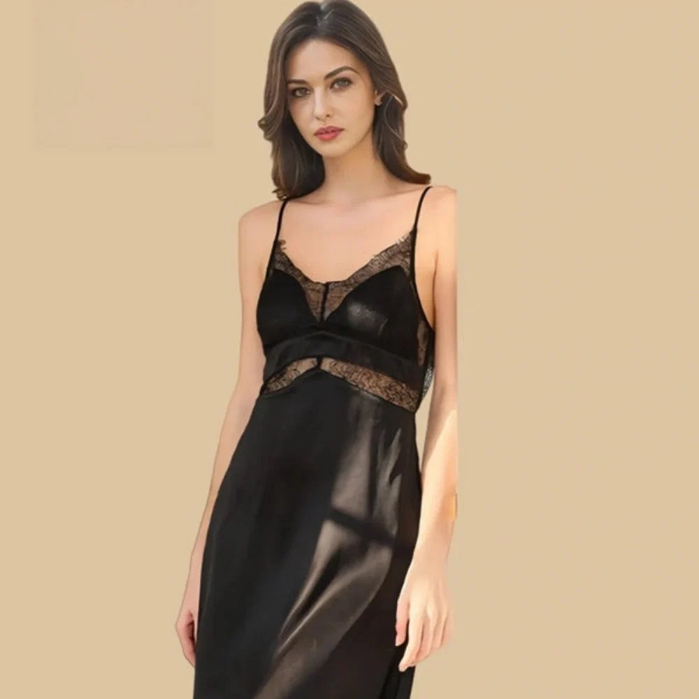 100% Mulberry Silk 16Momme Spaghetti Strap Nightgown with Lace V-Neck and Waist Design