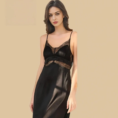 100% Mulberry Silk 16Momme Spaghetti Strap Nightgown with Lace V-Neck and Waist Design