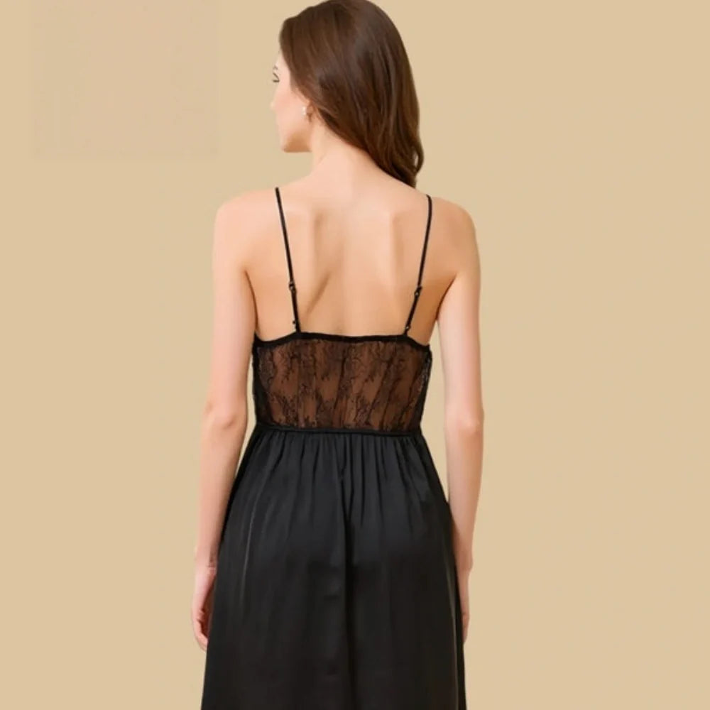 100% Mulberry Silk 16Momme Spaghetti Strap Nightgown with Lace V-Neck and Waist Design