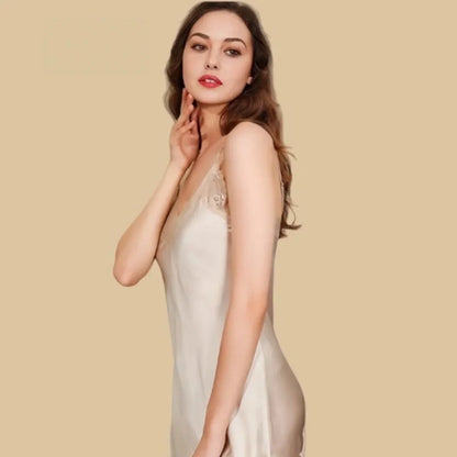 100% Mulberry Silk 16Momme Spaghetti Strap Nightgown with Lace V-neck and Scalloped Hem