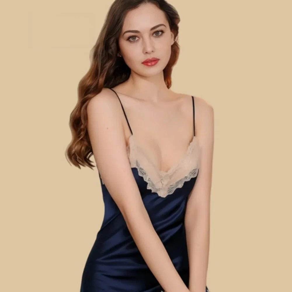 100% Mulberry Silk 16Momme Spaghetti Strap Nightgown with Lace V-neck and Scalloped Hem