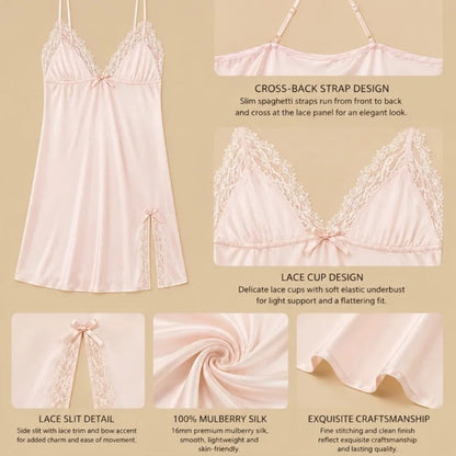 100% Mulberry Silk 16Momme Spaghetti Strap Nightgown with Lace V-neck and Side Slit Design
