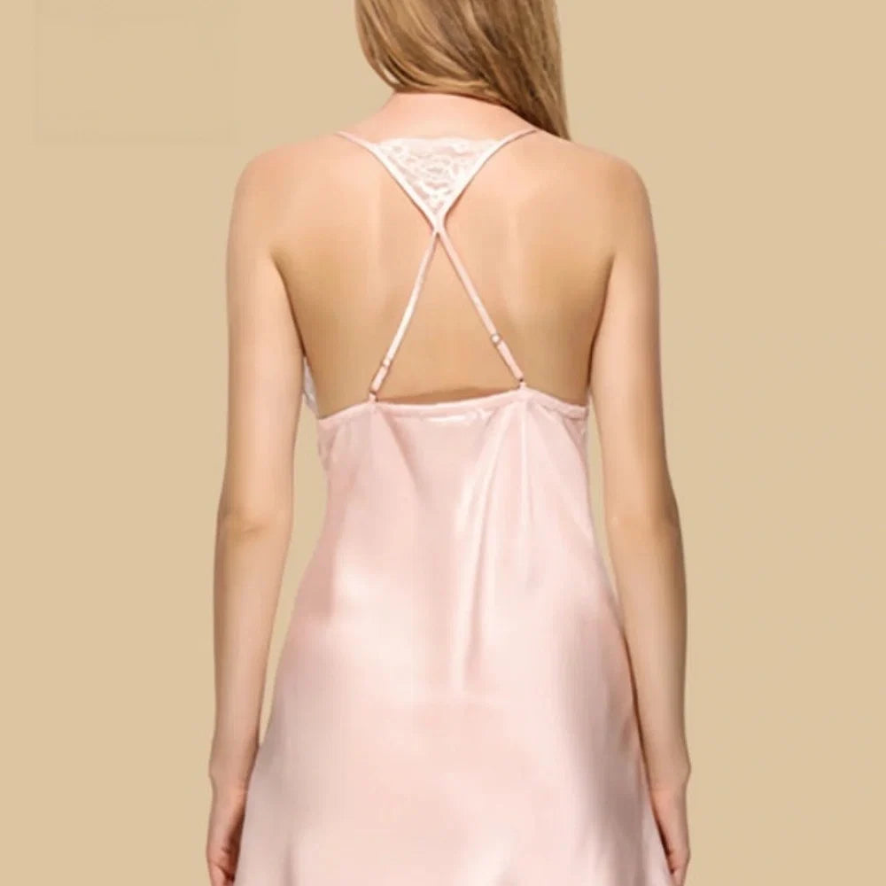 100% Mulberry Silk 16Momme Spaghetti Strap Nightgown with Lace V-neck and Side Slit Design