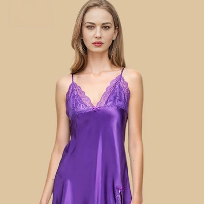 100% Mulberry Silk 16Momme Spaghetti Strap Nightgown with Lace V-neck and Side Slit Design