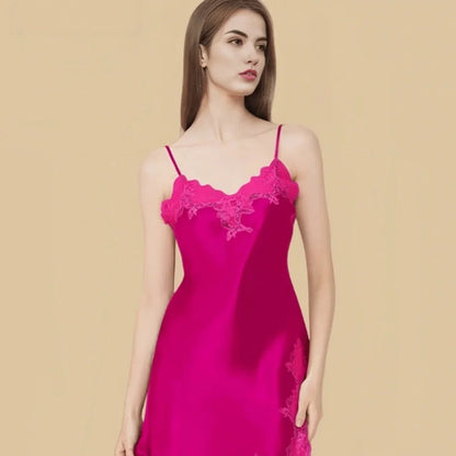 100% Mulberry Silk 16Momme Spaghetti Strap Nightgown with Lace V-Neck and Side Slit Design