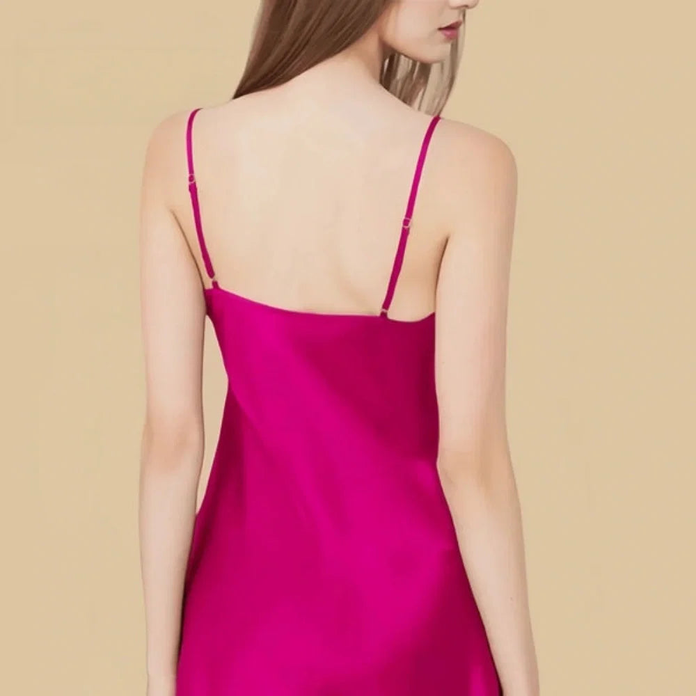 100% Mulberry Silk 16Momme Spaghetti Strap Nightgown with Lace V-Neck and Side Slit Design