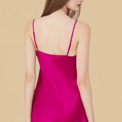 100% Mulberry Silk 16Momme Spaghetti Strap Nightgown with Lace V-Neck and Side Slit Design