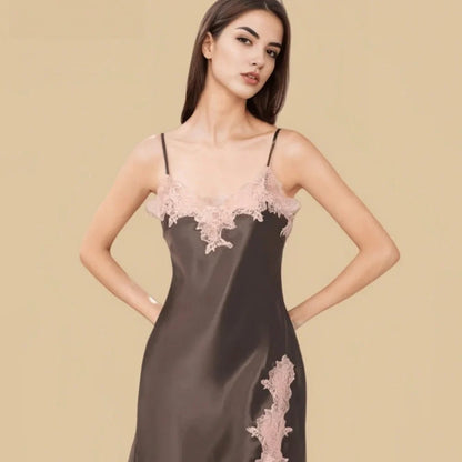 100% Mulberry Silk 16Momme Spaghetti Strap Nightgown with Lace V-Neck and Side Slit Design