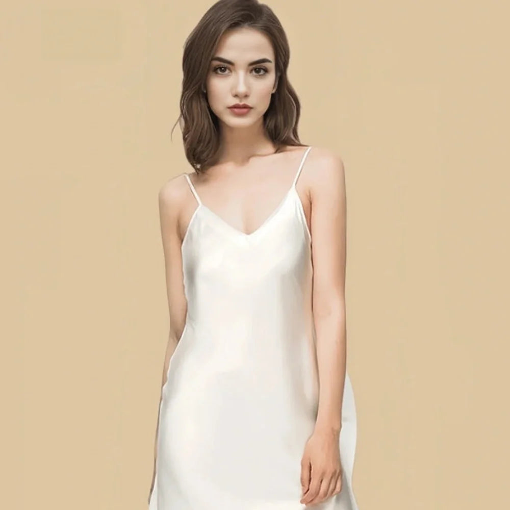 100% Mulberry Silk 16Momme Spaghetti Strap V-Neck Mini Nightgown