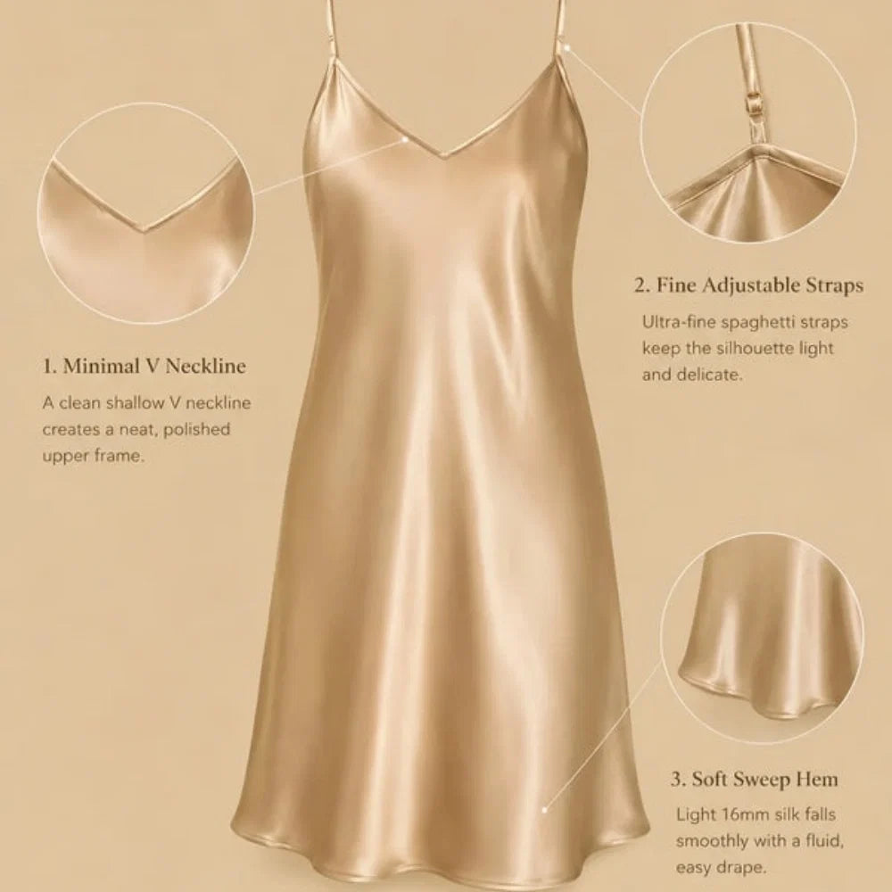 100% Mulberry Silk 16Momme Spaghetti Strap V-Neck Mini Nightgown