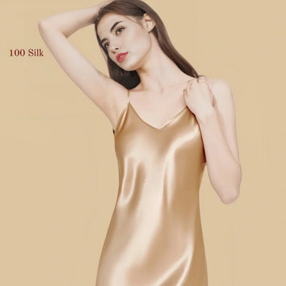 100% Mulberry Silk 16Momme Spaghetti Strap V-Neck Mini Nightgown