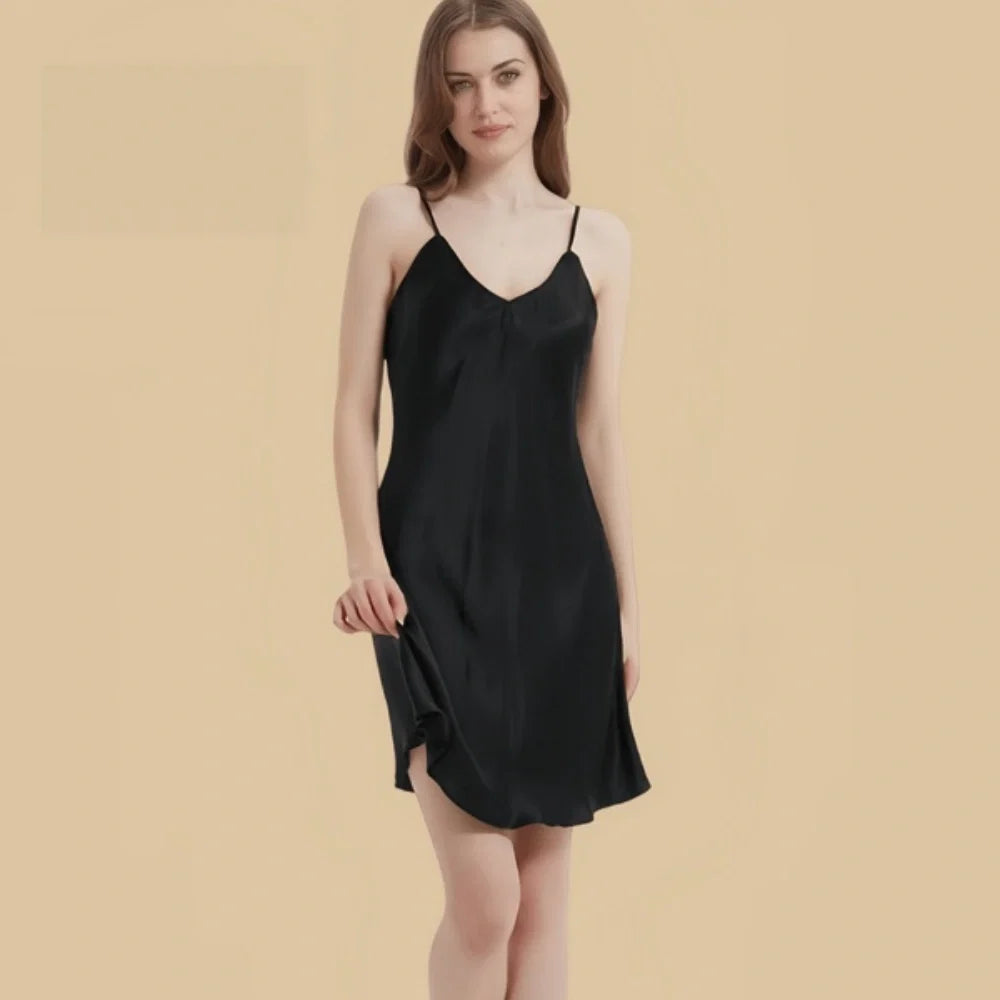 100% Mulberry Silk 16Momme Spaghetti Strap V-Neck Short Nightgown