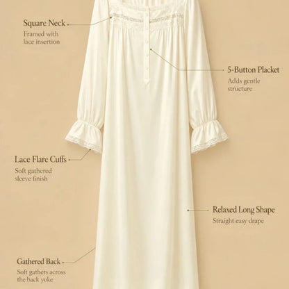 100% Mulberry Silk 16Momme Square Neck Midi Nightgown with Lace Flare Sleeves