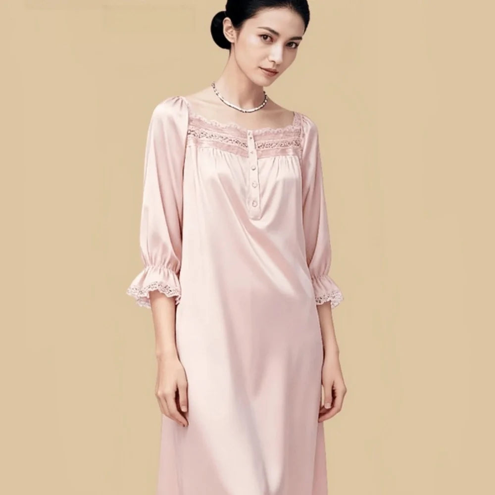 100% Mulberry Silk 16Momme Square Neck Midi Nightgown with Lace Flare Sleeves
