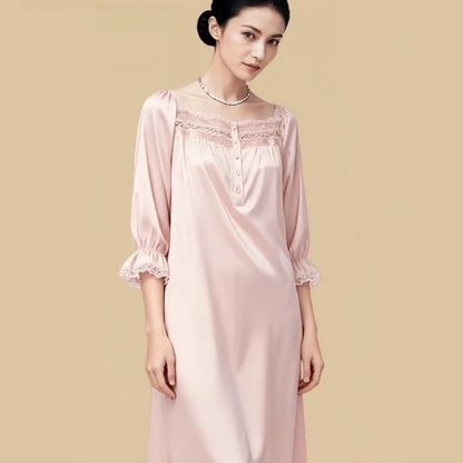 100% Mulberry Silk 16Momme Square Neck Midi Nightgown with Lace Flare Sleeves
