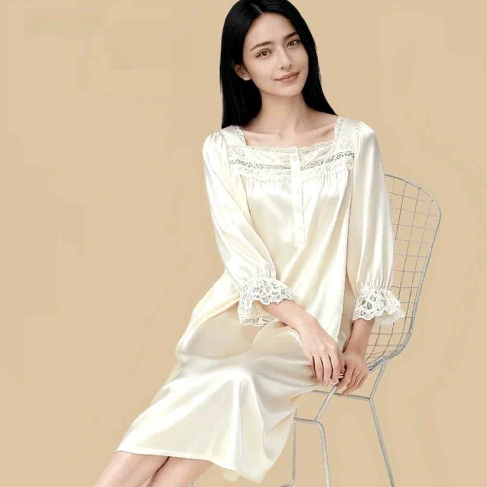 100% Mulberry Silk 16Momme Square Neck Midi Nightgown with Lace Flare Sleeves