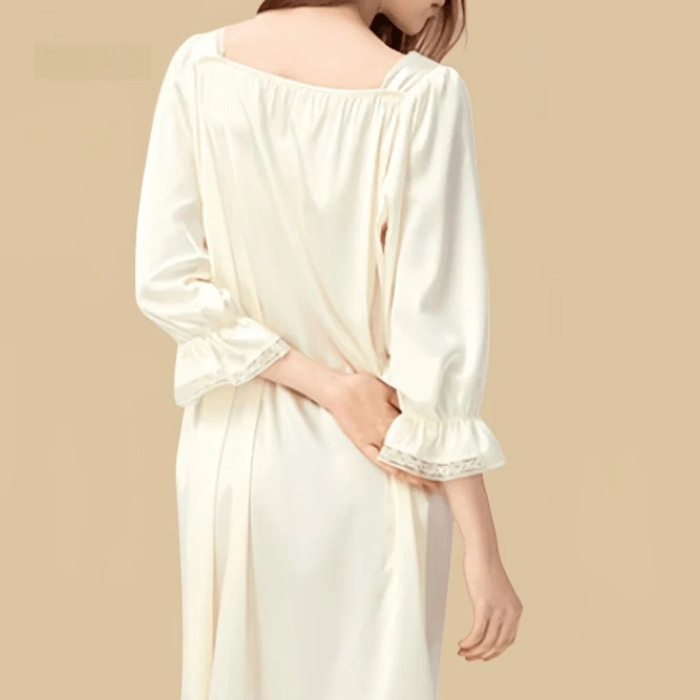 100% Mulberry Silk 16Momme Square Neck Midi Nightgown with Lace Flare Sleeves