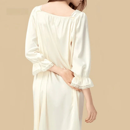 100% Mulberry Silk 16Momme Square Neck Midi Nightgown with Lace Flare Sleeves