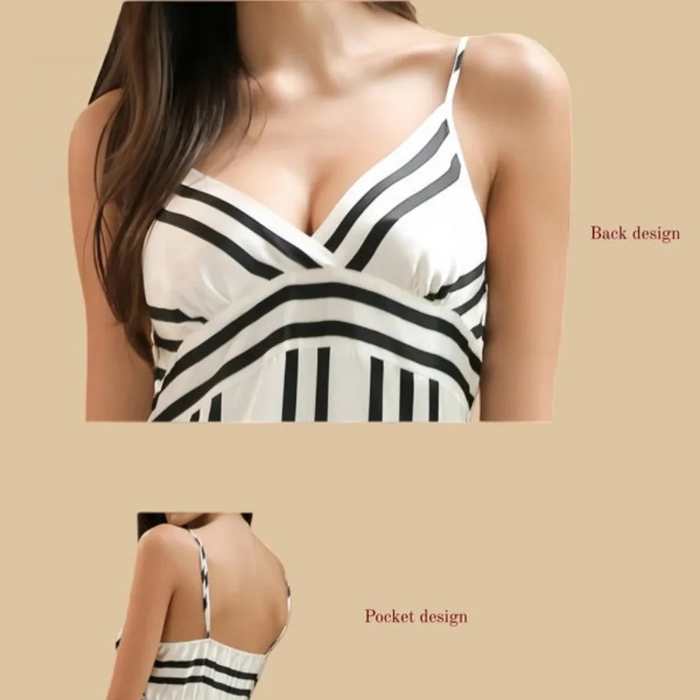 100% Mulberry Silk 16Momme Striped Spaghetti Strap Midi Nightgown with Side Slit Design