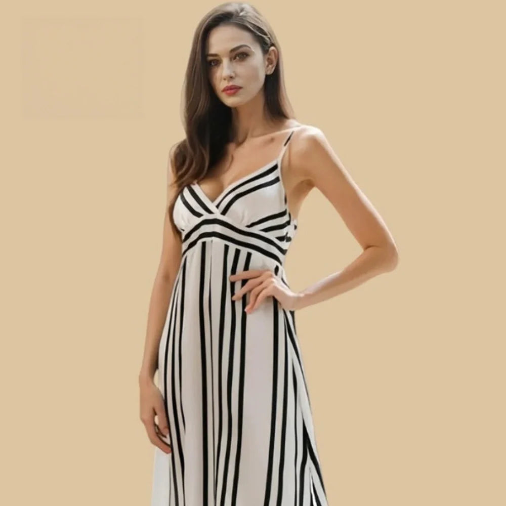 100% Mulberry Silk 16Momme Striped Spaghetti Strap Midi Nightgown with Side Slit Design