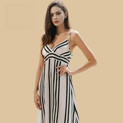 100% Mulberry Silk 16Momme Striped Spaghetti Strap Midi Nightgown with Side Slit Design