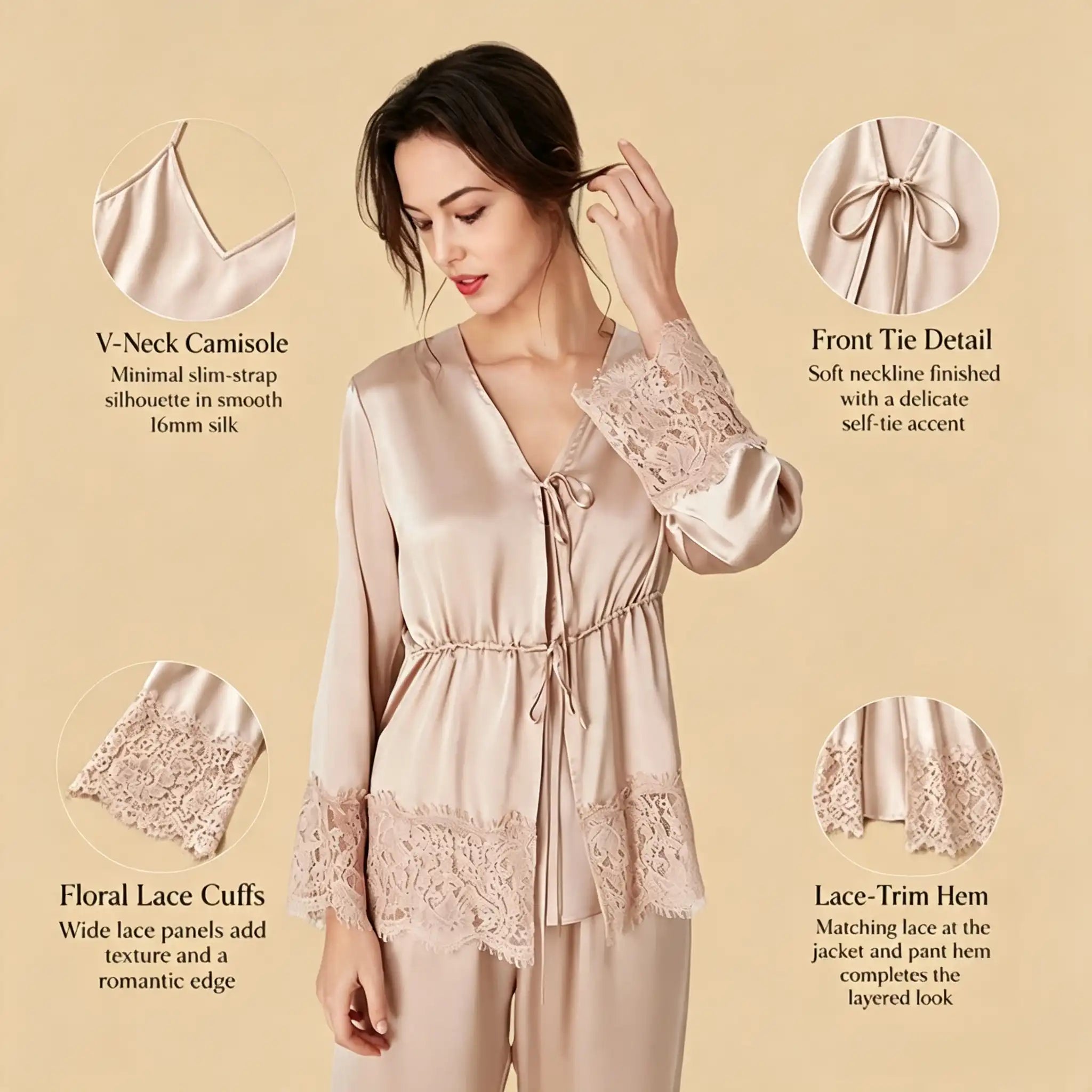 100% Mulberry Silk 16Momme Three-Piece Camisole Set with Lace-Trim and Belt Design
