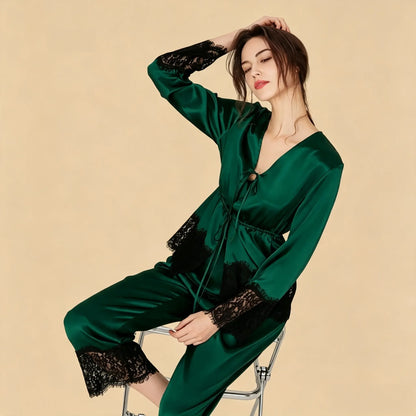100% Mulberry Silk 16Momme Three-Piece Camisole Set with Lace-Trim and Belt Design